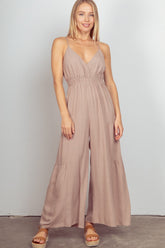 VERY J Sleeveless Ruched Wide Leg Jumpsuit Natural OutfitFlow
