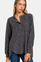 Zenana Full Size Brushed Melange Hacci High-Low Sweater Black OutfitFlow