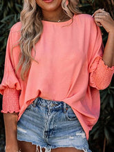 Round Neck Three-Quarter Sleeve Blouse Burnt Coral OutfitFlow