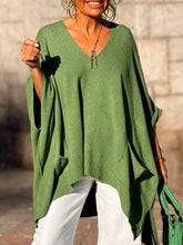 Ribbed Hem V-Neck Sweater Green OutfitFlow