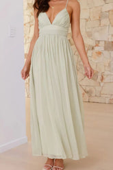 Ruched V-Neck Cami Dress Light Green OutfitFlow