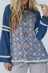 Lace Detail Geometric Round Neck Long Sleeve Top Dusty Blue OutfitFlow
