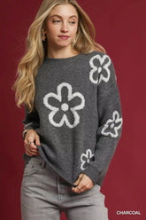 Umgee Round Neck Sweater with Floral Accents CHARCOAL OutfitFlow