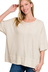 Zenana Ribbed Boat Neck 3/4 Sleeve Top SAND BEIGE OutfitFlow