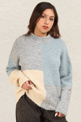 VERY J Color Block Mock Neck Drop Shoulder Sweater Grey OutfitFlow