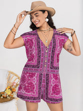 Plus Size Printed V-Neck Cap Sleeve Romper Heliotrope Purple OutfitFlow