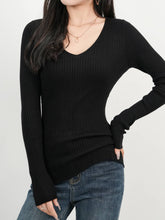 Ribbed V-Neck Long Sleeve Sweater Black OutfitFlow