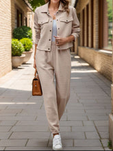 Plaid Texture Snap Down Top and Pants Set Tan OutfitFlow