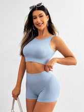 Round Neck Wide Strap Top and Shorts Active Set Light Blue OutfitFlow