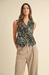 Annie Wear Stretch Leopard Denim Button Down Vest GREY OutfitFlow