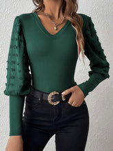 Swiss Dot V-Neck Long Sleeve Top Dark Green OutfitFlow