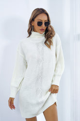 Openwork Turtleneck Long Sleeve Sweater Dress White OutfitFlow