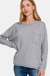Zenana Full Size Contrast Stitching Brushed Ribbed Hacci Knit Top Gray OutfitFlow