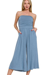Zenana Double Layered Strapless Tube Top Jumpsuit DUSTY BLUE OutfitFlow
