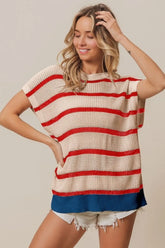 BiBi Fourth Of July Stripe Drop Shoulder Sweater OATMEAL RED NAVY OutfitFlow