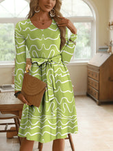 Wave Print Long Sleeve Tie Waist Dress Lime OutfitFlow