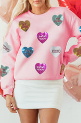 Valentine’s Day Sequin Heart Round Neck Long Sleeve Sweatshirt Blush Pink OutfitFlow