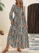 Printed Tie Neck Long Sleeve Maxi Dress Air Force Blue OutfitFlow