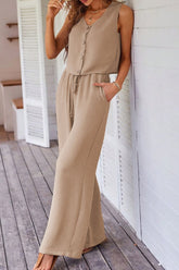 Button Down Vest and Drawstring Wide Leg Pants Set Camel OutfitFlow