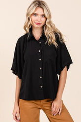 Mittoshop Airflow Short Bubble Sleeve Button Down Shirt Black OutfitFlow