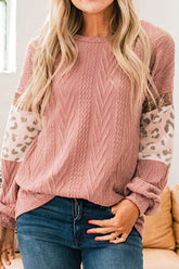 Sequin Leopard Round Neck Long Sleeve Sweater Pale Blush OutfitFlow