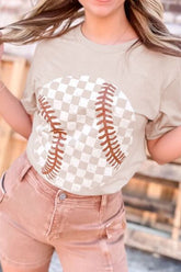Contrast Checkered Baseball Graphic Round Neck Short Sleeve T-Shirt Dust Storm OutfitFlow