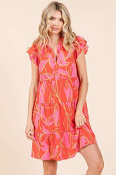 Mittoshop Leaf Print Ruffle Sleeve Tiered Mini Dress Coral OutfitFlow