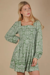 VERY J Printed Smocked Chest Boho Mini Dress Green OutfitFlow