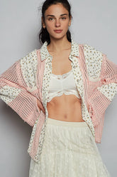 POL Floral Crochet Patchwork Long Sleeve Shirt PEACH FLORAL OutfitFlow