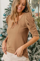 BiBi Verigated Rib Knit Puff Sleeves Shorts Top TAUPE OutfitFlow