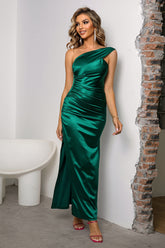 One-Shoulder Ruched Slit Maxi Dress Green OutfitFlow