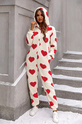 Fuzzy Heart Zip Up Hooded Lounge Jumpsuit Deep Red OutfitFlow