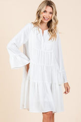 Mittoshop Tiered Notched Flare Sleeve Dress Ivory OutfitFlow