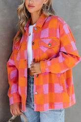 Plaid Collared Neck Button Up Jacket Orange OutfitFlow