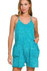 Zenana Acid Crinkle Washed Spaghetti Strap Romper LT TEAL OutfitFlow
