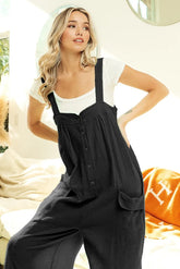 BiBi Gauze Buttoned Up Overall Jumpsuit with Pockets BLACK OutfitFlow
