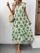 Ruffled Printed V-Neck Cap Sleeve Dress Green OutfitFlow