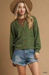 Umgee Chunky Cable Knit V-Neck Button-Up Cardigan Olive OutfitFlow