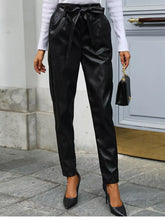 High Waist Leather Tie-Waist Pants Black Trendsi