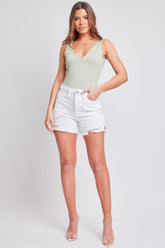 YMI Jeanswear Distressed Frayed Hem Denim Shorts White OutfitFlow