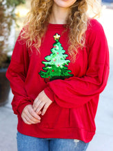 Christmas Tree Sequin Long Sleeve Sweatshirt Red OutfitFlow