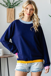 First Love Contrast Ribbed Round Neck Long Sleeve Sweater Navy Multi OutfitFlow