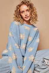 POL Daisy Pattern Drop Shoulder Sweater Cornflower Blue OutfitFlow