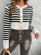 Devine Striped Round Neck Button Down Cardigan Black White OutfitFlow