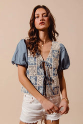 SO ME Crochet Lace Tie Front V Neck Blouse Top DENIM BLUE OutfitFlow