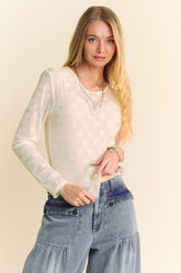 Davi & Dani Bow Mesh Round Neck Long Sleeve Top Cream OutfitFlow