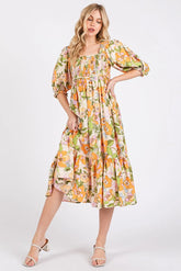 Mittoshop Flower Print Puff Sleeve Ruffle Smocked Midi Dress ORANGE OutfitFlow