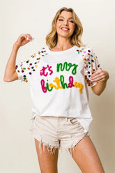 BiBi Metallic Letter Spangle Raglan Puff Sleeve Top OFF WHITE OutfitFlow