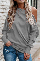 Single Shoulder Long Sleeve Sweatshirt with Zip Gray OutfitFlow