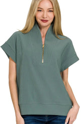 Zenana Ribbed High Neck Half Zip Top ASH JADE OutfitFlow